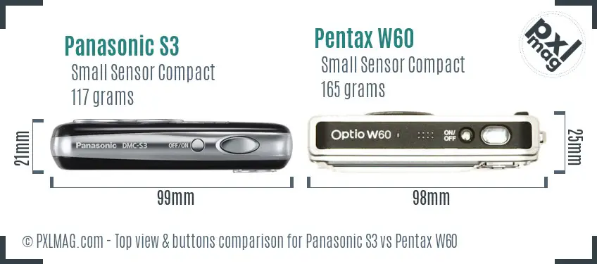 Panasonic S3 vs Pentax W60 top view buttons comparison