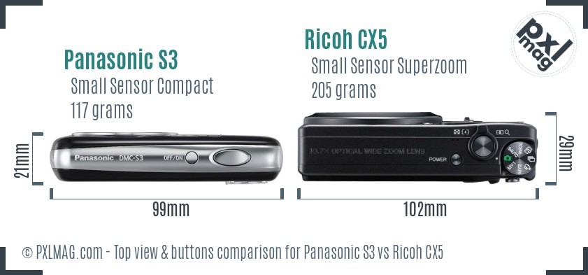 Panasonic S3 vs Ricoh CX5 top view buttons comparison