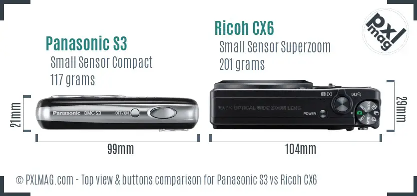 Panasonic S3 vs Ricoh CX6 top view buttons comparison