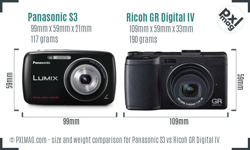 Panasonic S3 vs Ricoh GR Digital IV size comparison