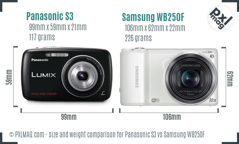 Panasonic S3 vs Samsung WB250F size comparison