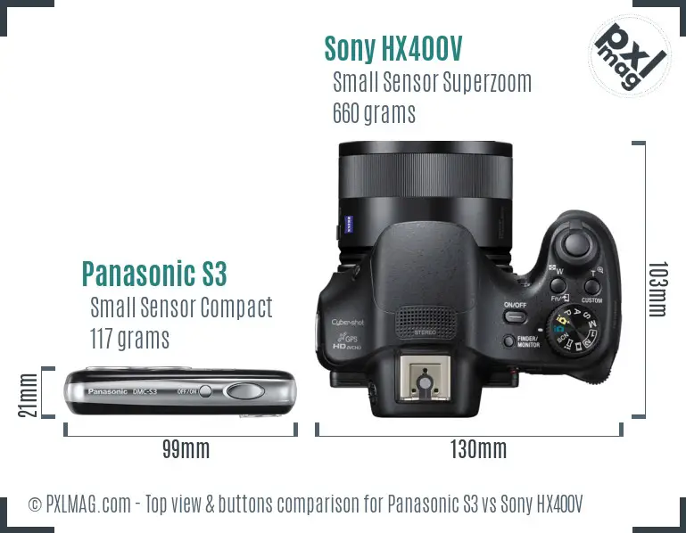 Panasonic S3 vs Sony HX400V top view buttons comparison Panasonic S3 vs Sony HX400V top view buttons comparison