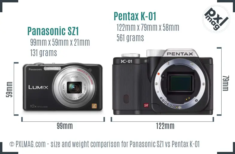 Panasonic SZ1 vs Pentax K-01 size comparison