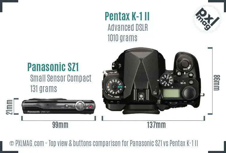 Panasonic SZ1 vs Pentax K-1 II top view buttons comparison