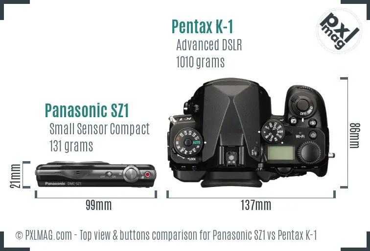 Panasonic SZ1 vs Pentax K-1 top view buttons comparison