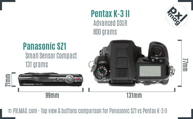 Panasonic SZ1 vs Pentax K-3 II top view buttons comparison