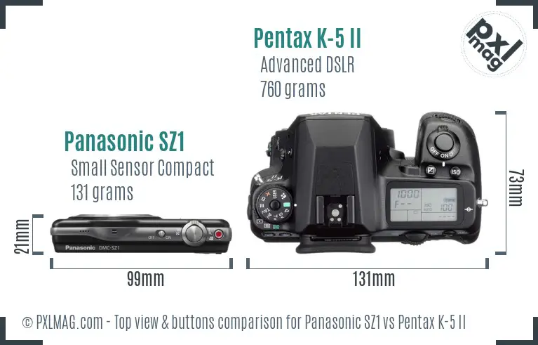 Panasonic SZ1 vs Pentax K-5 II top view buttons comparison