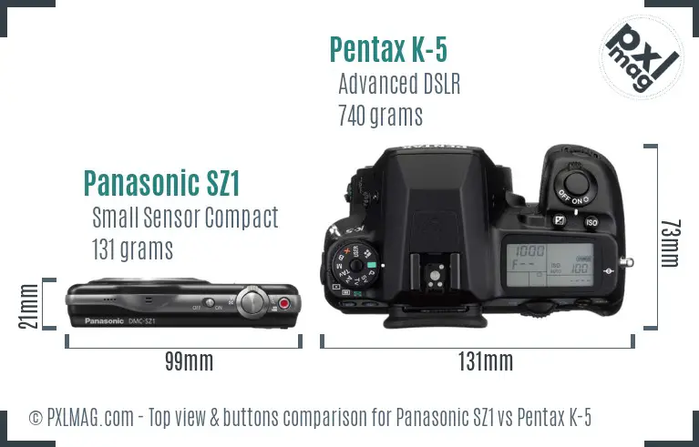 Panasonic SZ1 vs Pentax K-5 top view buttons comparison