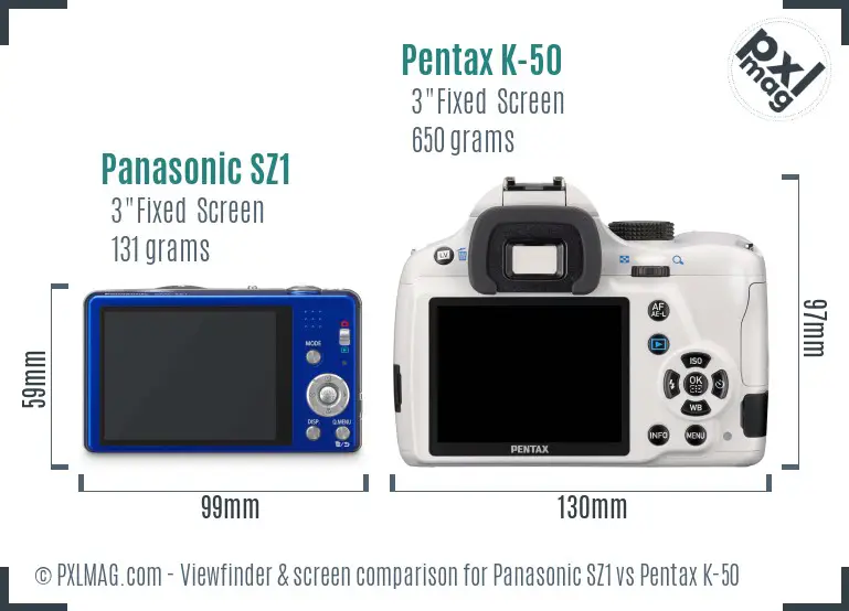 Panasonic SZ1 vs Pentax K-50 Screen and Viewfinder comparison