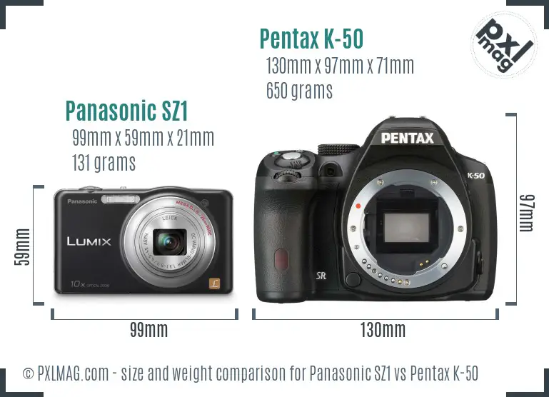 Panasonic SZ1 vs Pentax K-50 size comparison