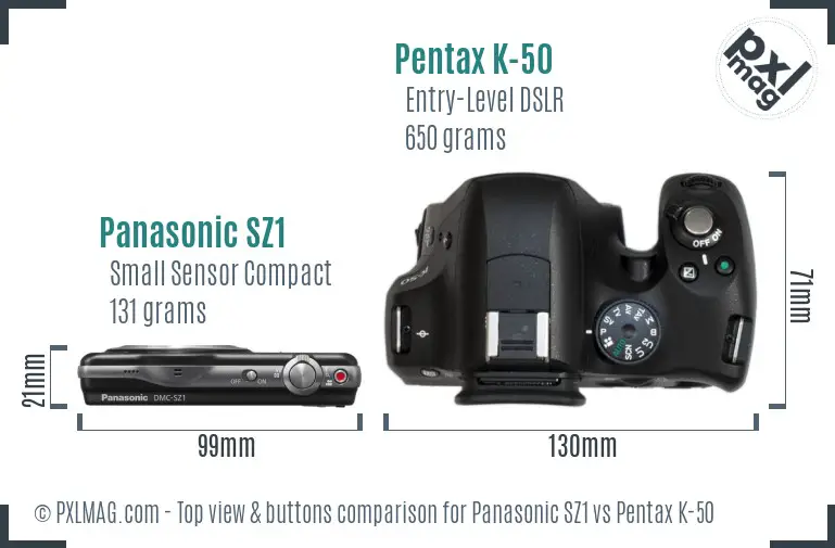 Panasonic SZ1 vs Pentax K-50 top view buttons comparison
