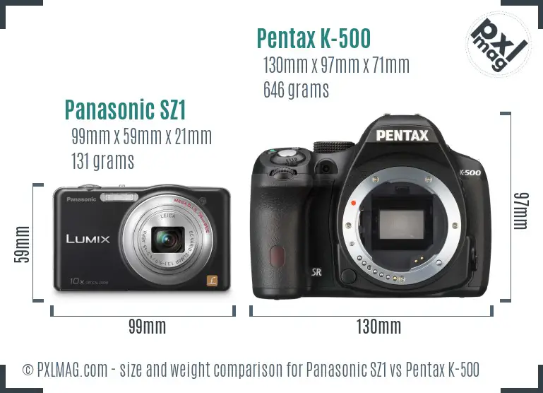 Panasonic SZ1 vs Pentax K-500 size comparison