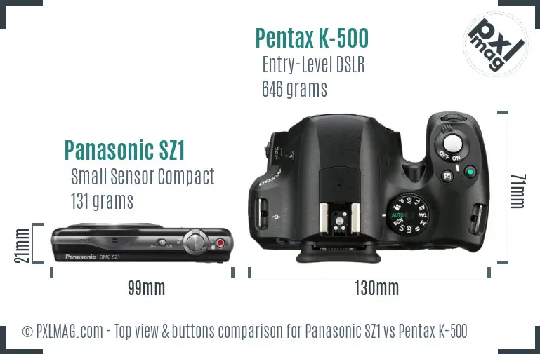 Panasonic SZ1 vs Pentax K-500 top view buttons comparison