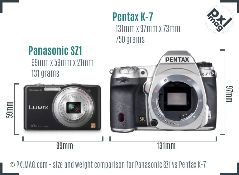 Panasonic SZ1 vs Pentax K-7 size comparison