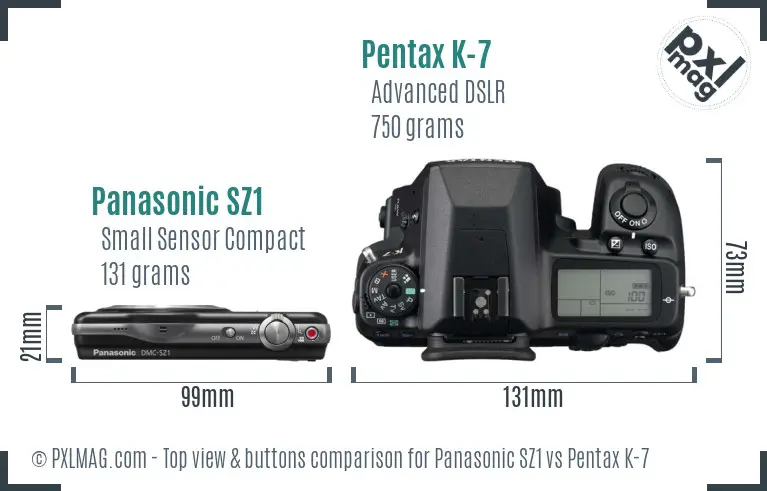 Panasonic SZ1 vs Pentax K-7 top view buttons comparison
