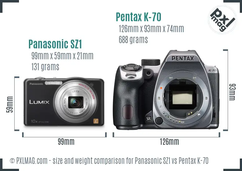 Panasonic SZ1 vs Pentax K-70 size comparison