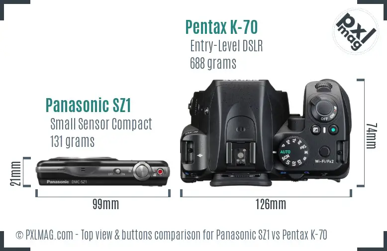 Panasonic SZ1 vs Pentax K-70 top view buttons comparison