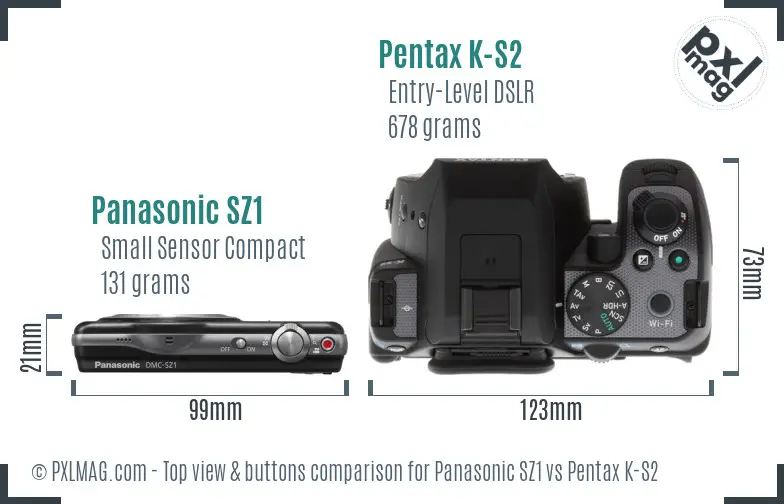 Panasonic SZ1 vs Pentax K-S2 top view buttons comparison