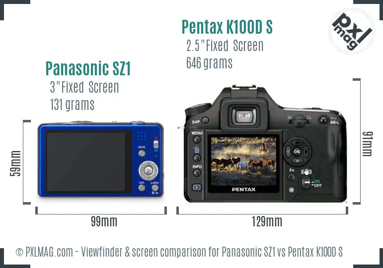 Panasonic SZ1 vs Pentax K100D S Screen and Viewfinder comparison