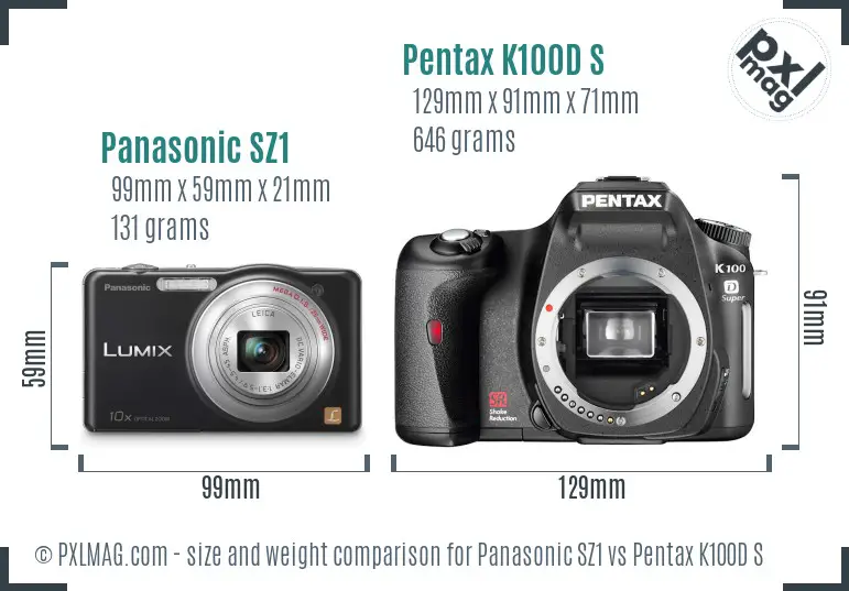 Panasonic SZ1 vs Pentax K100D S size comparison