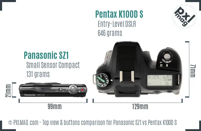 Panasonic SZ1 vs Pentax K100D S top view buttons comparison