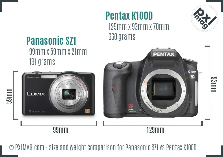 Panasonic SZ1 vs Pentax K100D size comparison