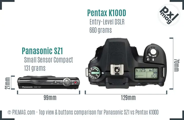 Panasonic SZ1 vs Pentax K100D top view buttons comparison