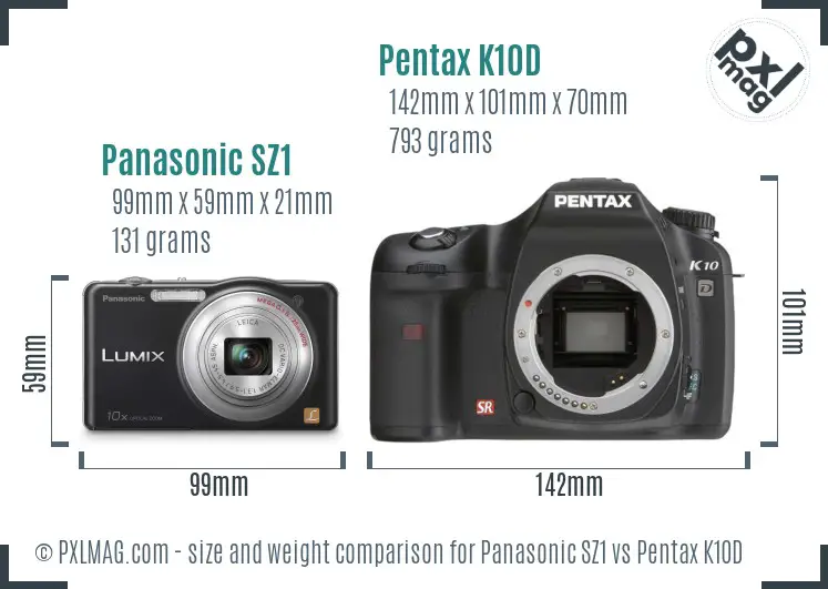 Panasonic SZ1 vs Pentax K10D size comparison