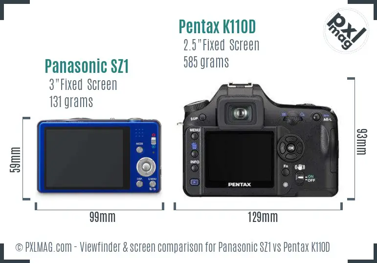 Panasonic SZ1 vs Pentax K110D Screen and Viewfinder comparison