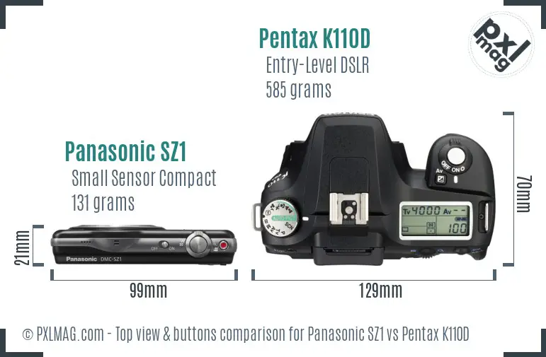 Panasonic SZ1 vs Pentax K110D top view buttons comparison