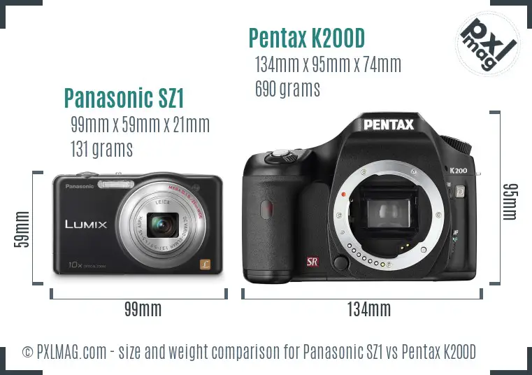 Panasonic SZ1 vs Pentax K200D size comparison