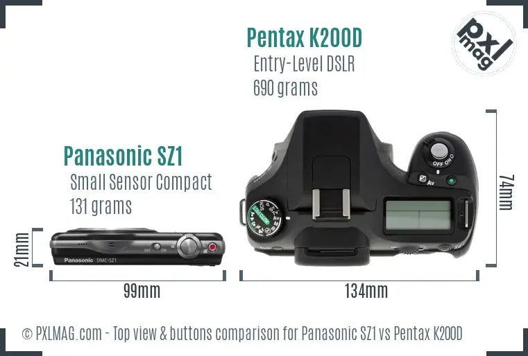 Panasonic SZ1 vs Pentax K200D top view buttons comparison