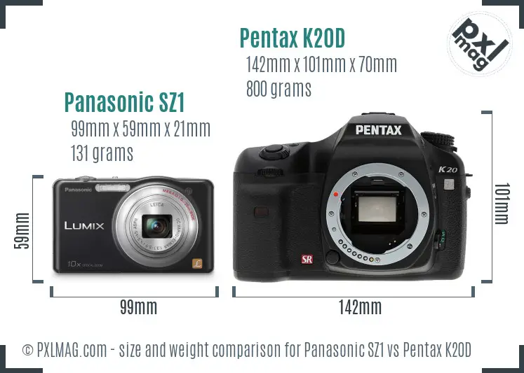 Panasonic SZ1 vs Pentax K20D size comparison