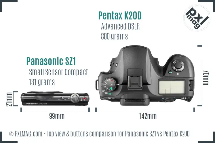 Panasonic SZ1 vs Pentax K20D top view buttons comparison