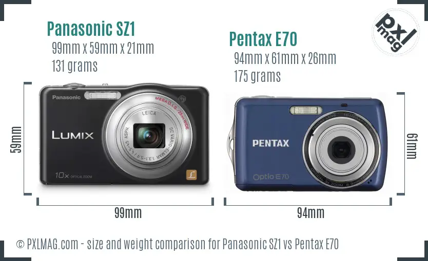 Panasonic SZ1 vs Pentax E70 size comparison