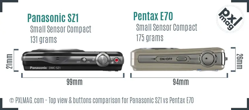 Panasonic SZ1 vs Pentax E70 top view buttons comparison