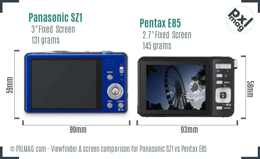 Panasonic SZ1 vs Pentax E85 Screen and Viewfinder comparison