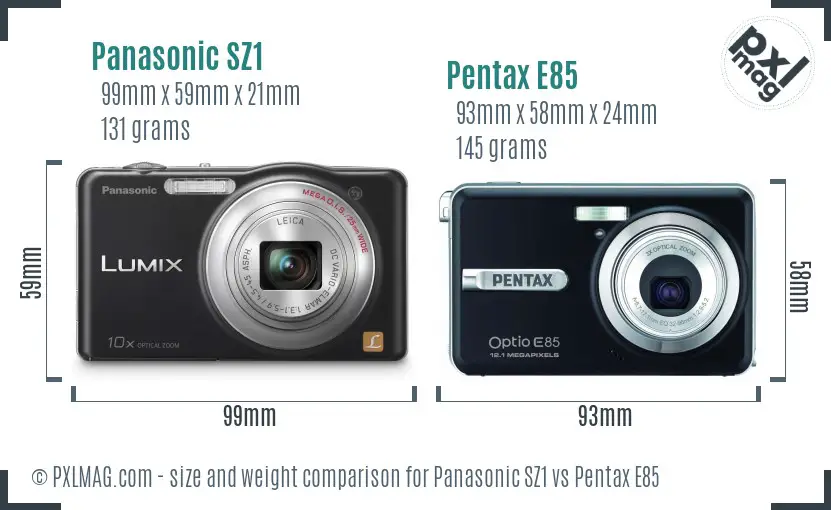 Panasonic SZ1 vs Pentax E85 size comparison