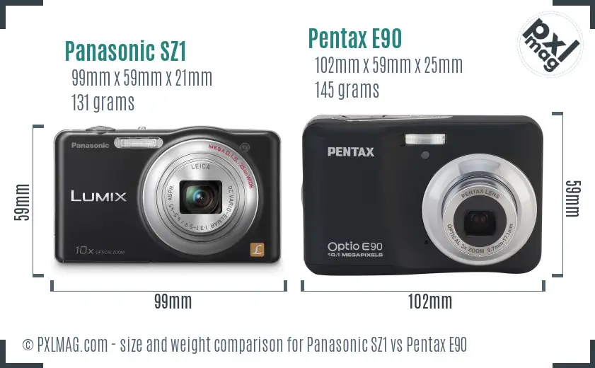 Panasonic SZ1 vs Pentax E90 size comparison