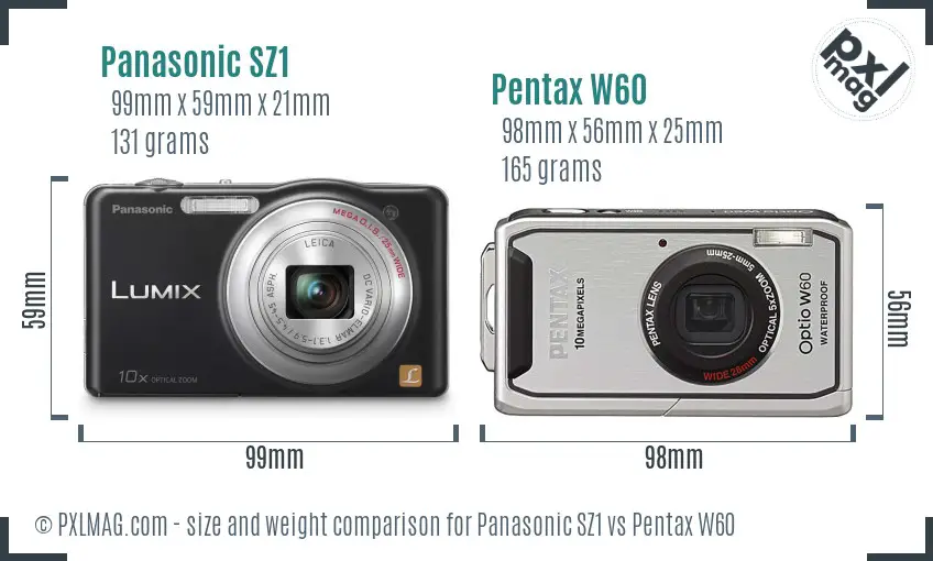 Panasonic SZ1 vs Pentax W60 size comparison