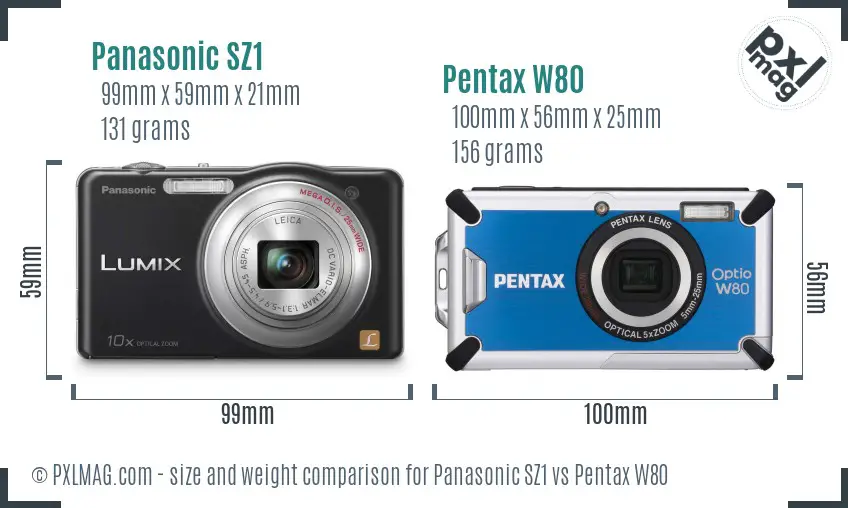 Panasonic SZ1 vs Pentax W80 size comparison