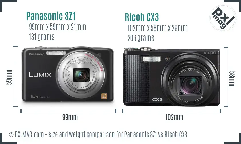 Panasonic SZ1 vs Ricoh CX3 size comparison