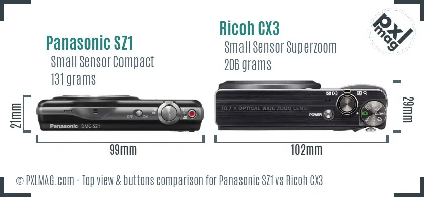 Panasonic SZ1 vs Ricoh CX3 top view buttons comparison