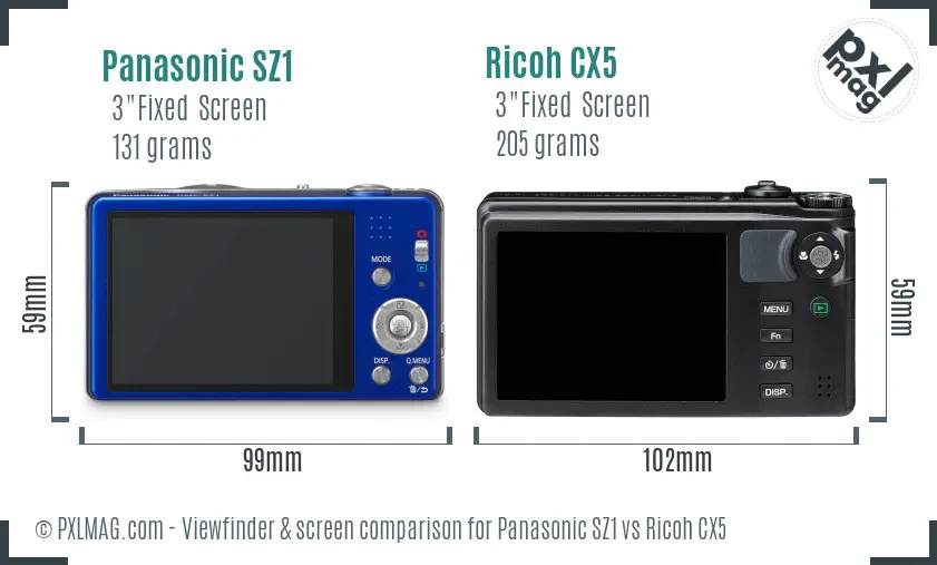 Panasonic SZ1 vs Ricoh CX5 Screen and Viewfinder comparison