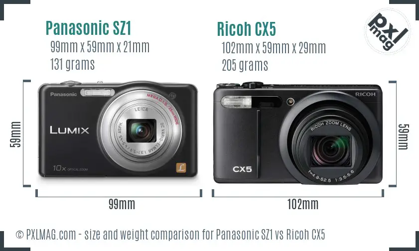 Panasonic SZ1 vs Ricoh CX5 size comparison