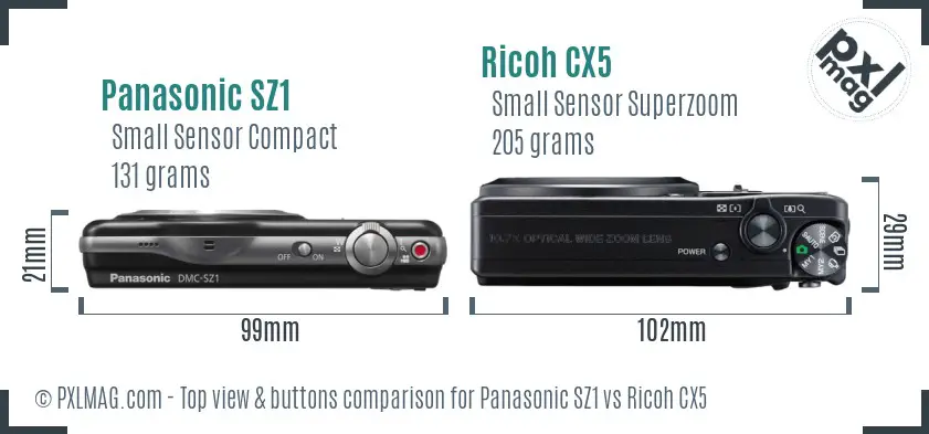 Panasonic SZ1 vs Ricoh CX5 top view buttons comparison