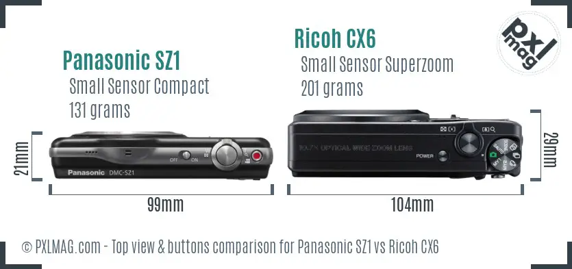 Panasonic SZ1 vs Ricoh CX6 top view buttons comparison Panasonic SZ1 vs Ricoh CX6 top view buttons comparison