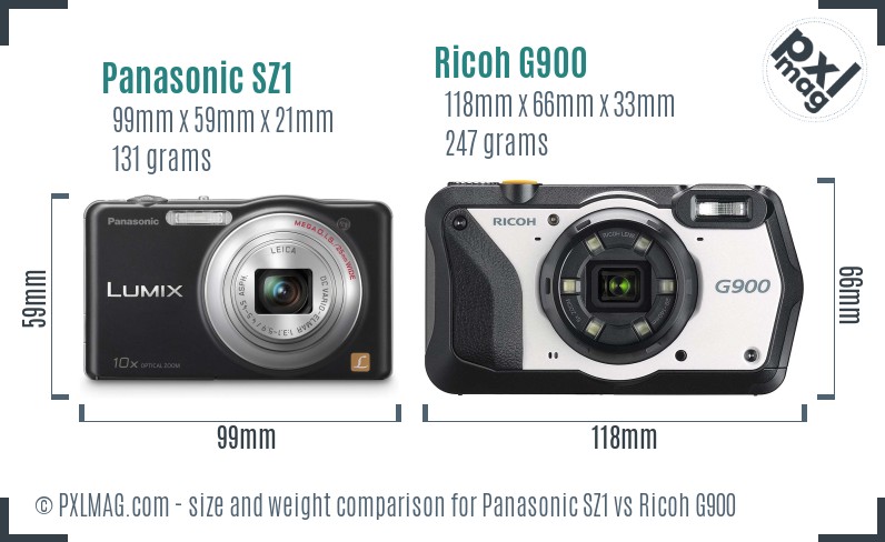 Panasonic SZ1 vs Ricoh G900 size comparison