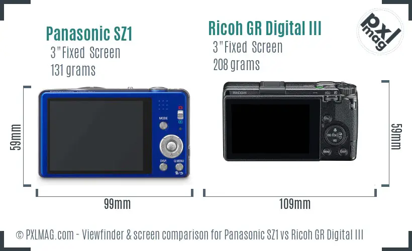 Panasonic SZ1 vs Ricoh GR Digital III Screen and Viewfinder comparison