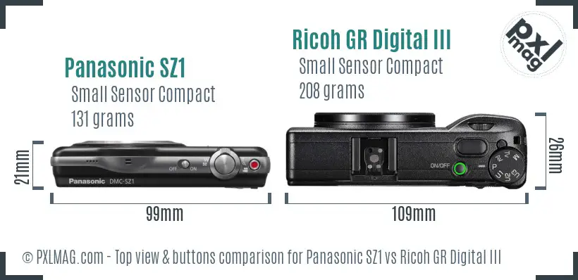 Panasonic SZ1 vs Ricoh GR Digital III top view buttons comparison